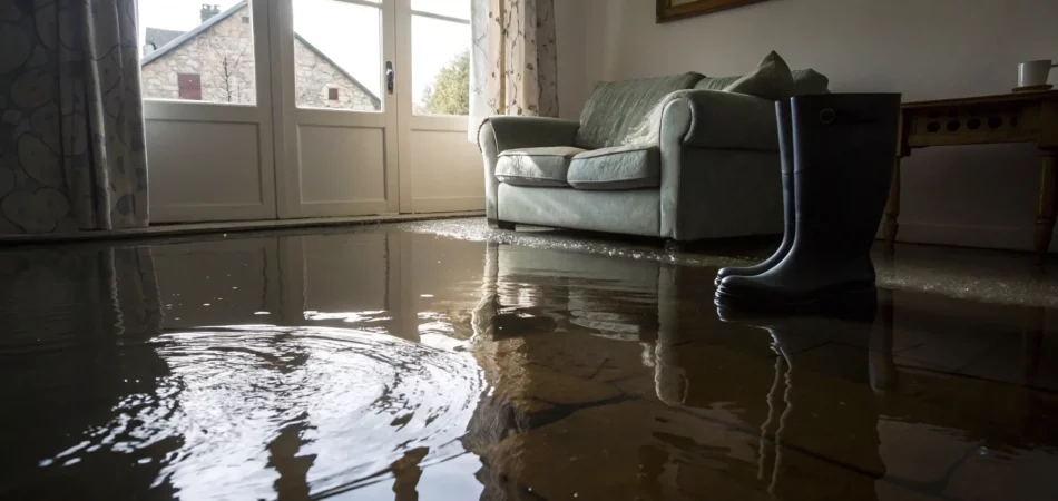 A flooded living room with a couch in standing water requiring 24 hour water damage service.