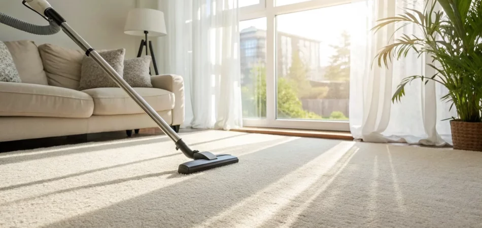Professional carpet cleaning service at work in a bright Sarasota, FL living room.