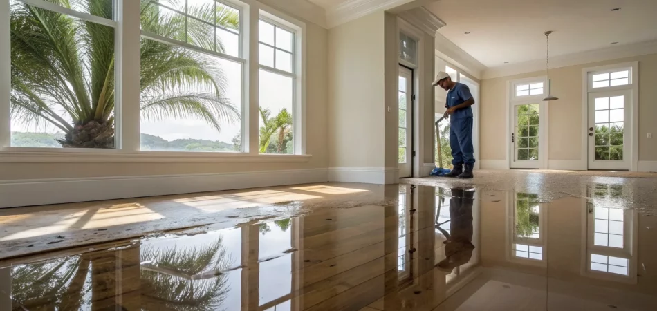 Water damage restoration professional cleaning a flooded hardwood floor in a Valrico home.