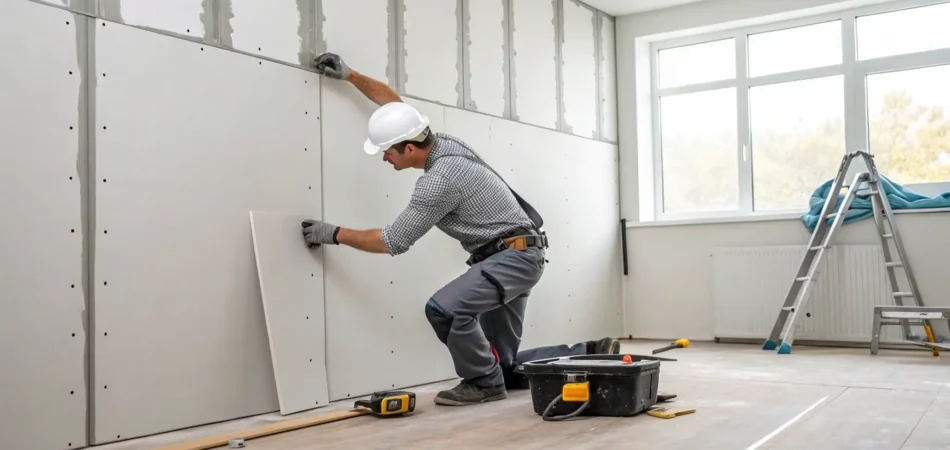 A contractor cutting out a section of wall for drywall replacement after water damage.