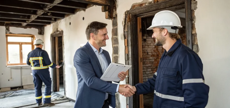 Fire damage repair specialist shaking hands with a homeowner in a fire damaged home.