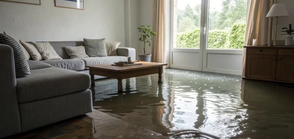 Residential water damage in a flooded living room before the restoration process begins.