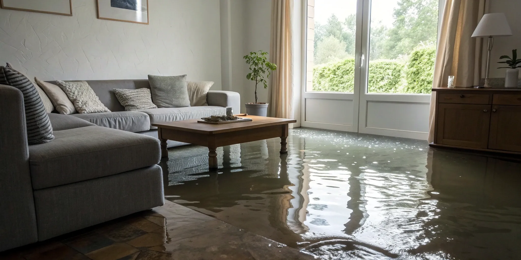 Industrial dehumidifiers and air movers drying a water-damaged room