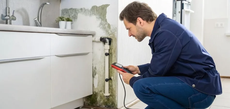 A technician inspects water leak and mold damage under a sink before repair.