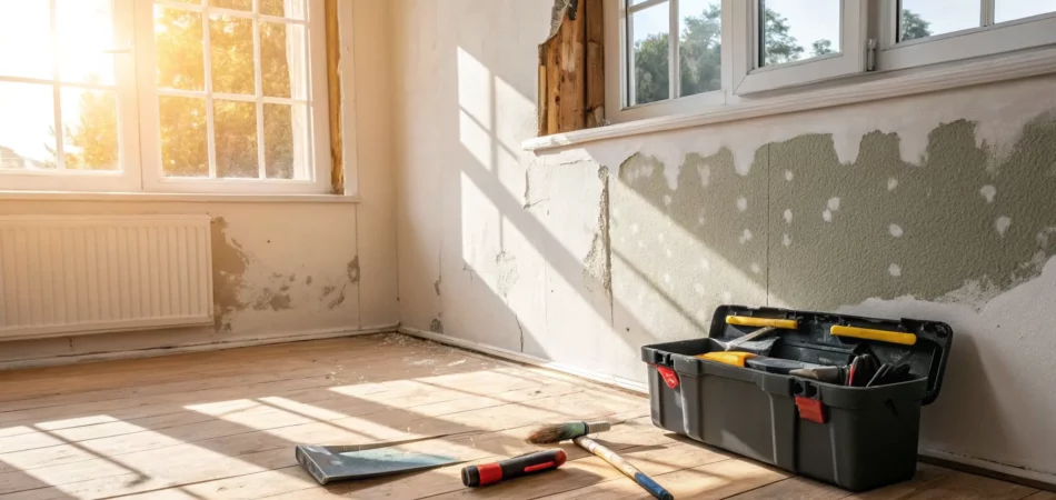 A section of a wall being repaired for drywall water damage.