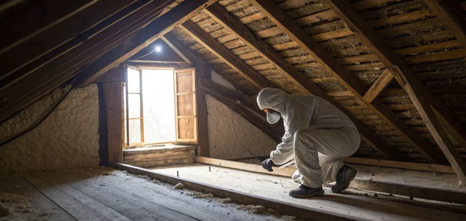 Professional from an attic mold removal service cleaning contaminated wooden rafters.