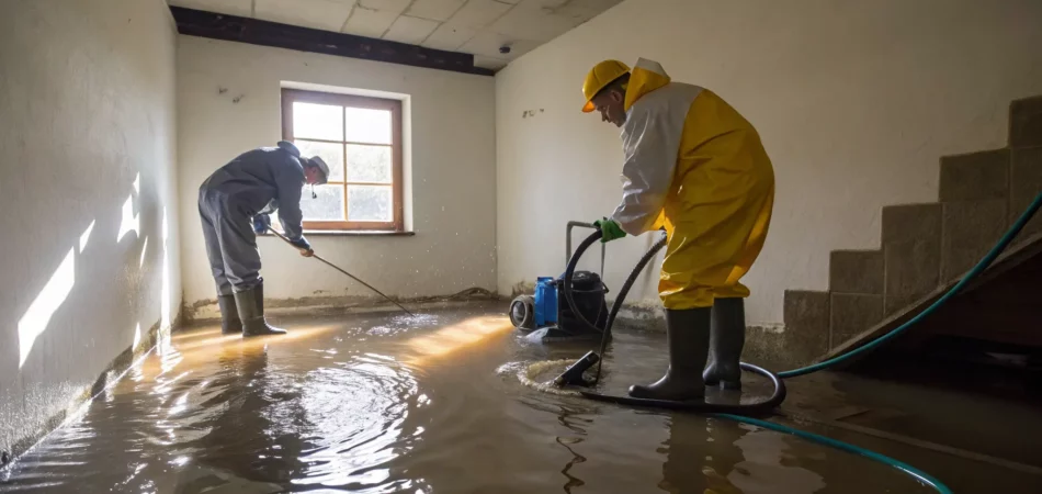 Workers performing basement flood cleanup services, extracting water with professional equipment.