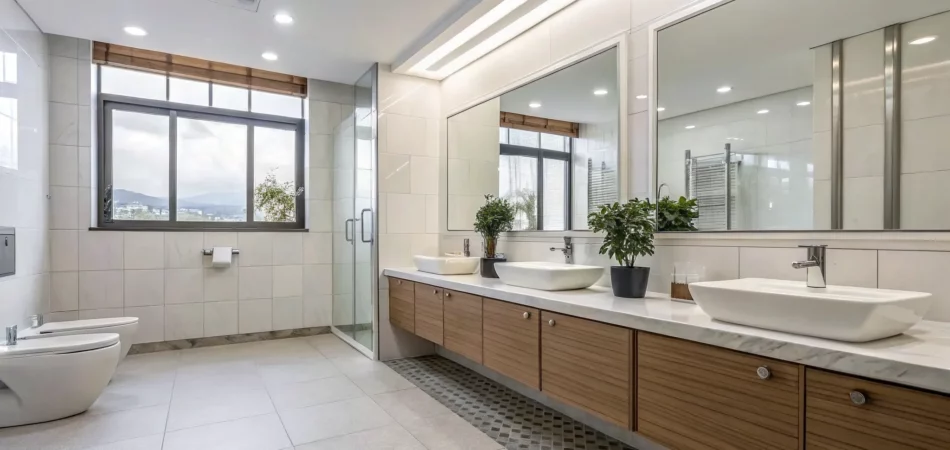 A modern bathroom restored by a professional mold cleanup service.