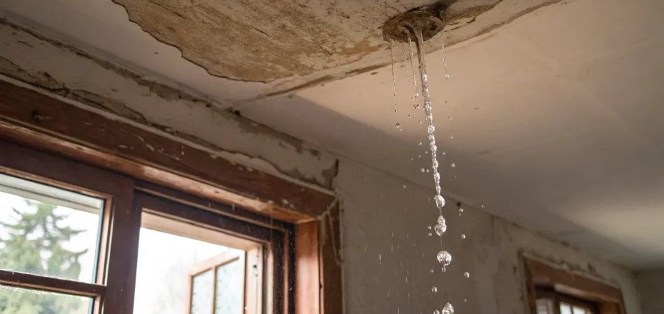 A bathtub leaking into the ceiling below, causing brown water stains and damage.