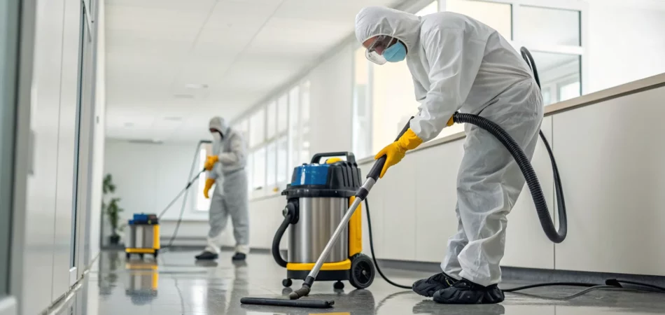 Professionals in protective gear providing black mold cleanup services.