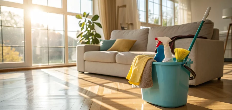 A bucket of supplies on a wood floor, used by professional cleaning services near me.
