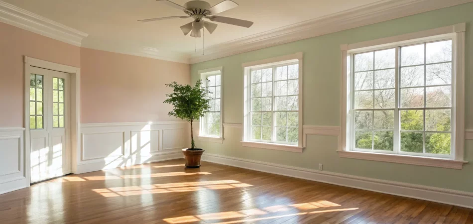 A bright, clean room in a Clearwater home with sunlight on wood floors after mold remediation.