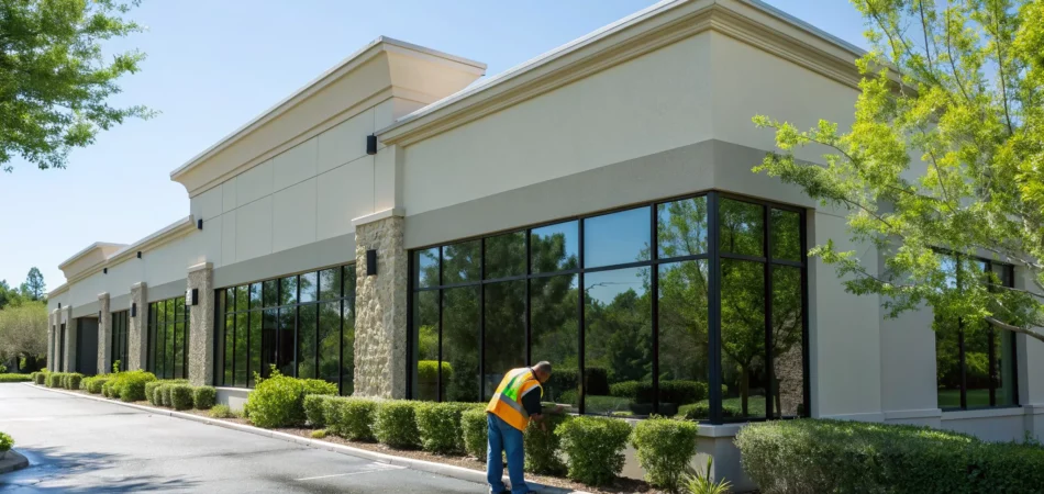Exterior commercial building restoration project in progress.