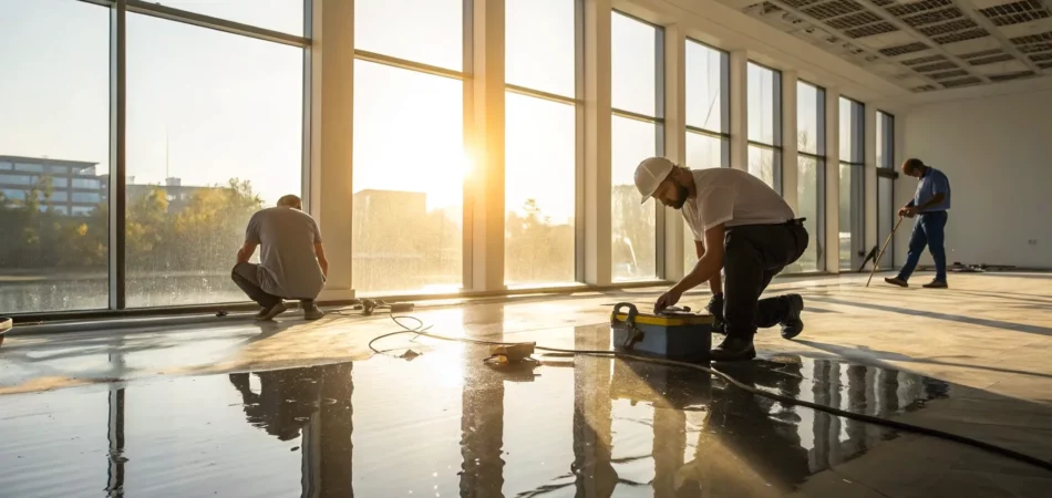 Commercial water damage repair in progress with technicians drying a wet floor with specialized fans.