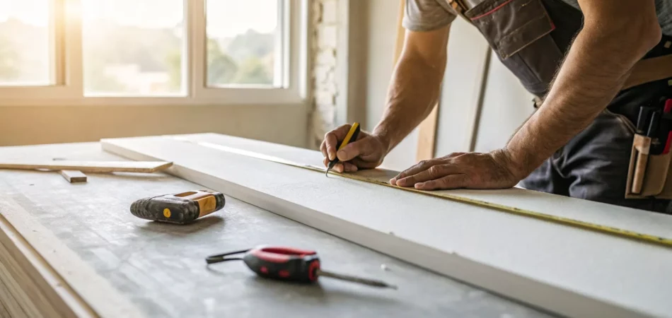 Drywall installation and finishing tools laid out on a workbench for a project.