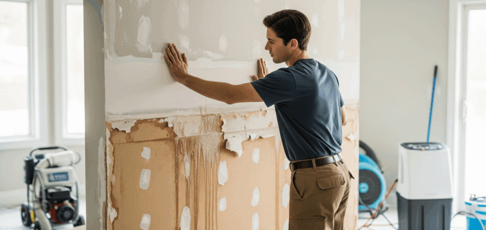Professional technician inspecting water-damaged drywall in a Tampa home to determine if patching or replacement is needed