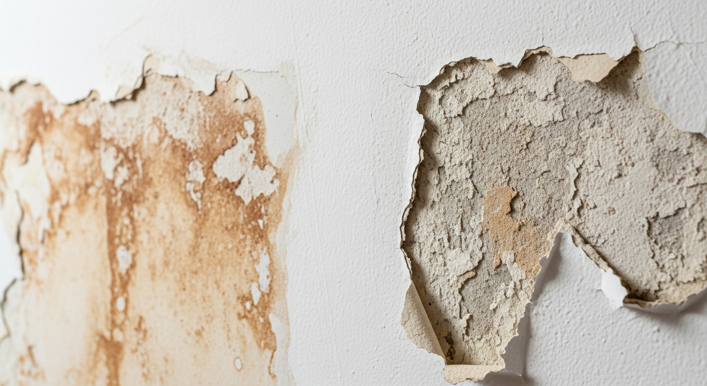 Water-damaged drywall showing stains and crumbling sections that need replacement