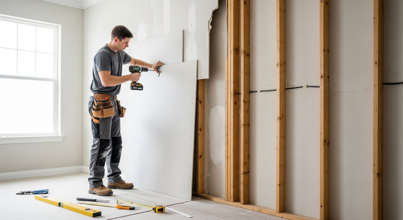 Restoration worker installing new drywall panel to replace water-damaged section in a residential home