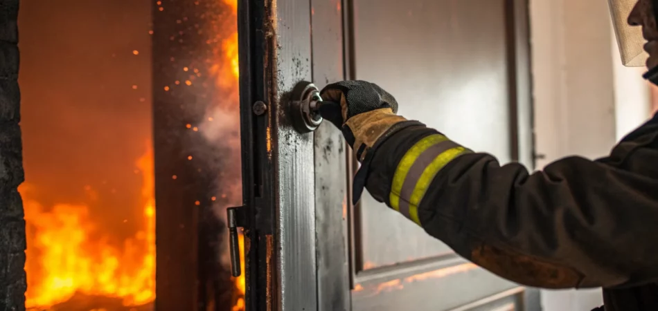 Firefighter responds to an emergency, the first step in fire damage repair.