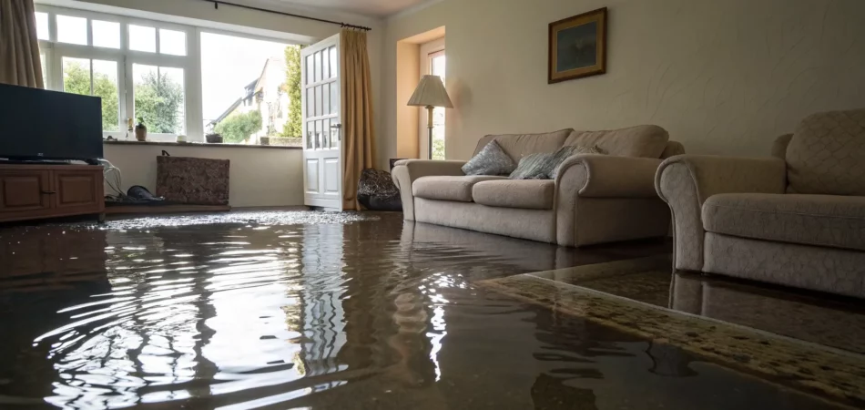 A flooded living room in need of emergency water damage cleanup.