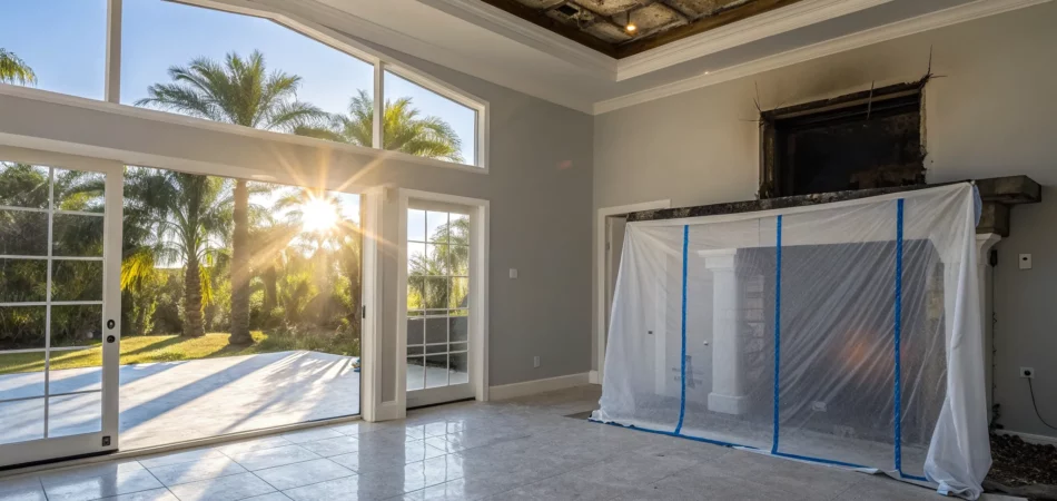 Fire cleanup contractor in Florida restoring a smoke-damaged home.