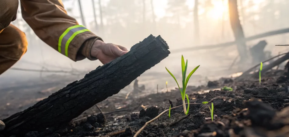 A green plant emerges from charred ruins after a successful fire damage restoration.