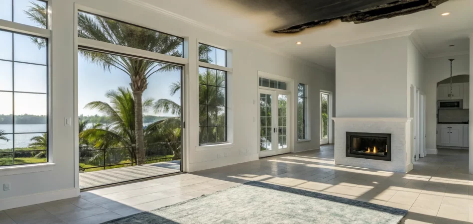 A Tampa living room with soot-stained walls undergoing professional fire damage restoration.