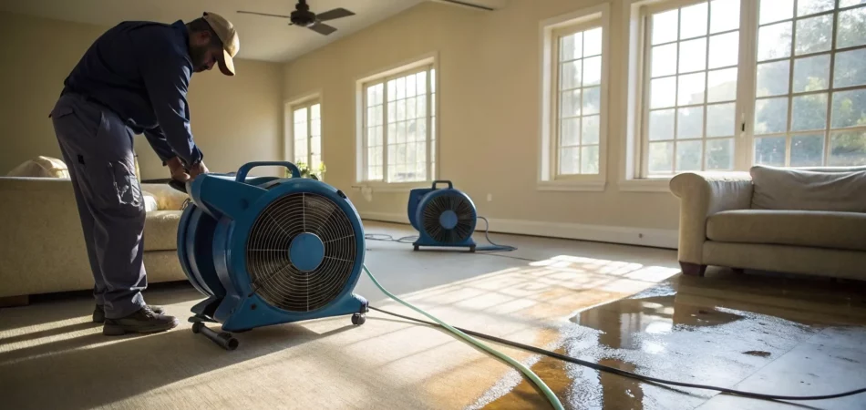 Flood damage restoration services drying a home after water damage with professional equipment.