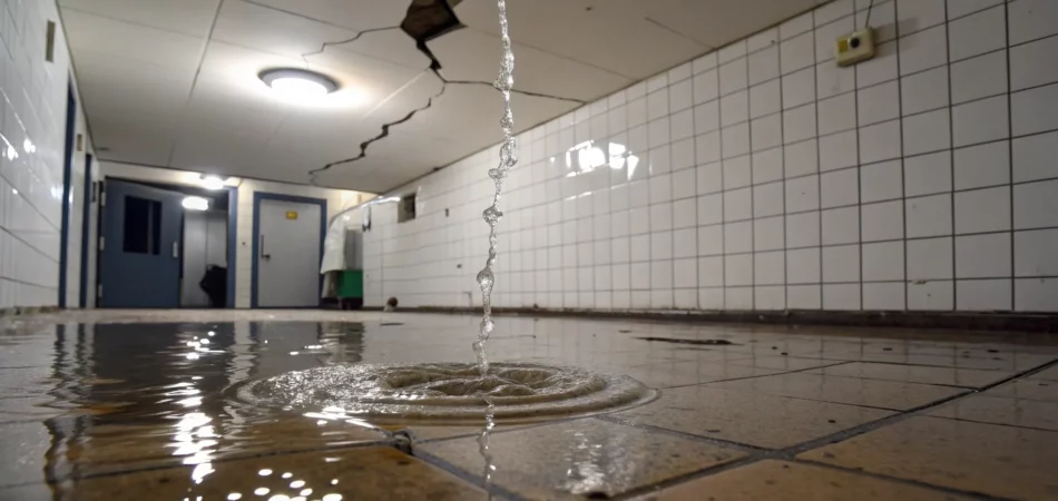 Water leaking through the ceiling from a flooded upstairs bathroom.