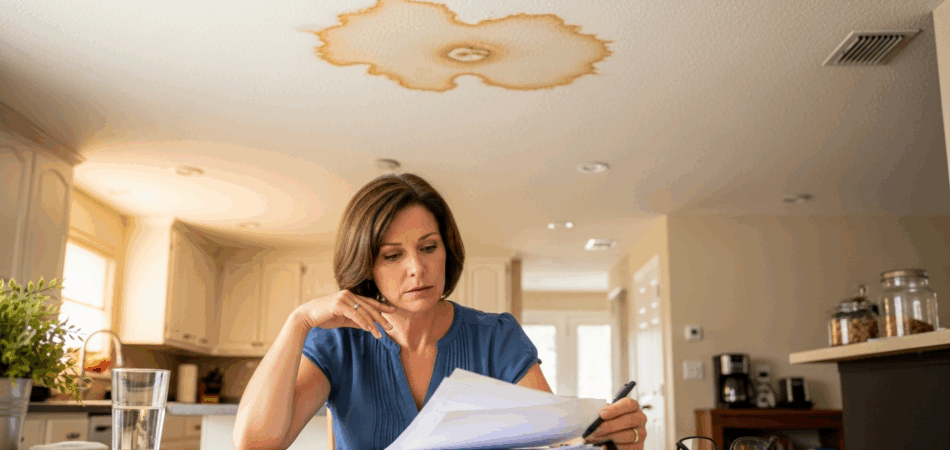 Florida homeowner reviewing insurance paperwork with water damage visible on ceiling