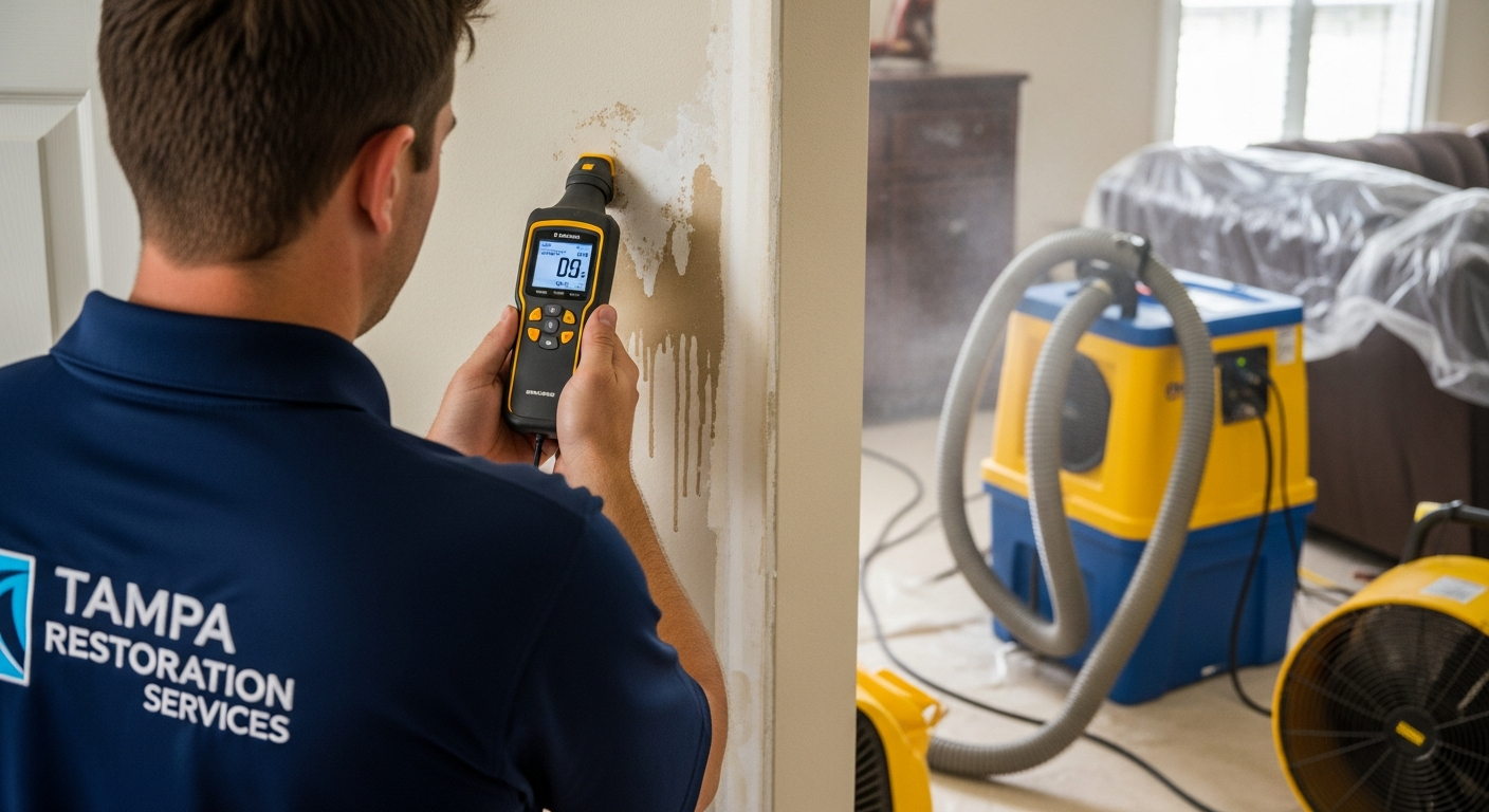 Restoration technician using moisture detection equipment during water damage restoration in Tampa home