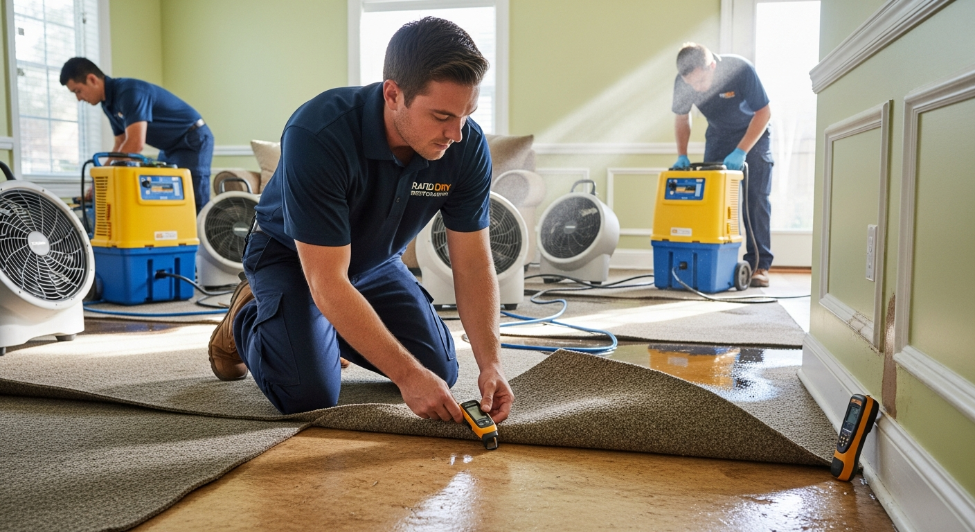 Professional water damage restoration team with industrial equipment in Tampa Bay area home