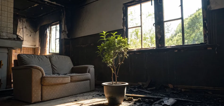 Living room with severe house fire damage, soot-covered walls, and furniture needing restoration.