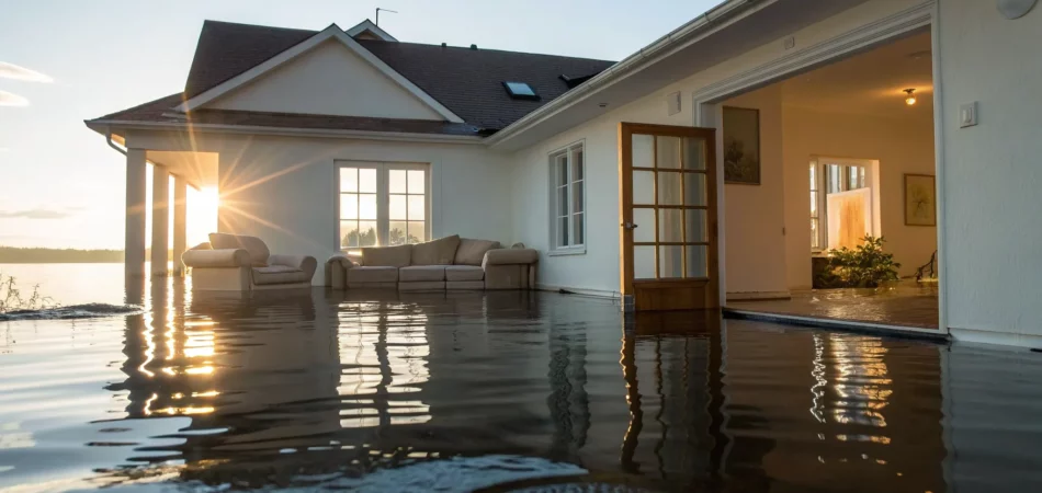 A house's interior flooded with water, covering the floor and damaging furniture.