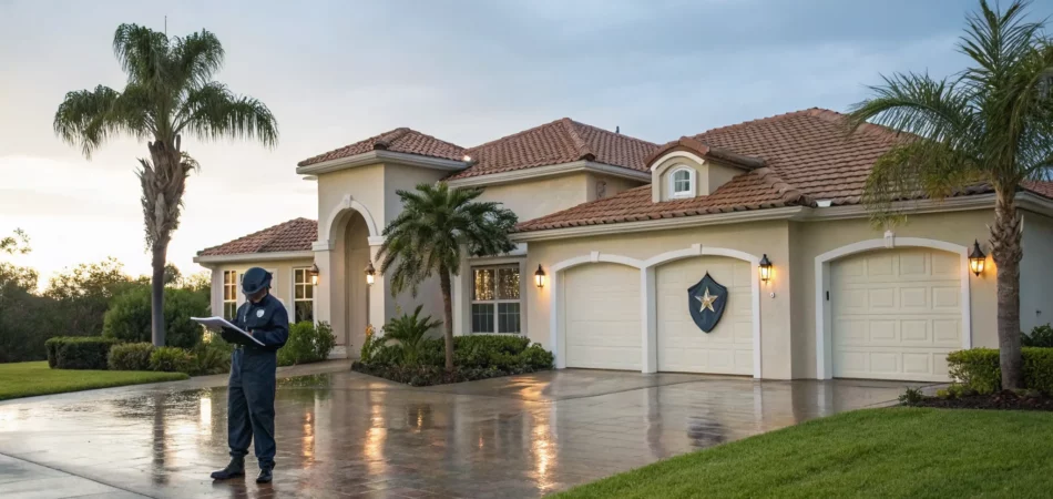Flood cleanup company professional assessing water damage in a Valrico home.