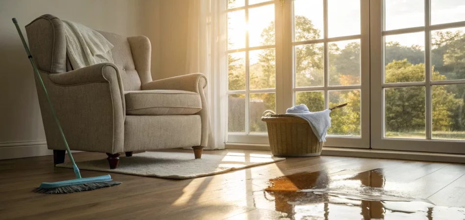 Flooded hardwood floor with water damage requiring a professional restoration company.