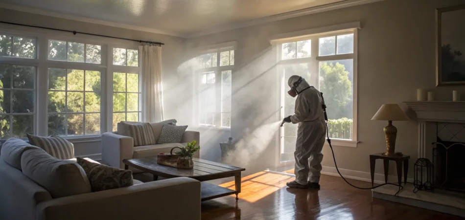 Professional in protective gear using a sponge to clean smoke damage from a wall.