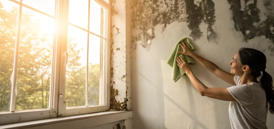 Woman cleaning soot off a wall with a cloth.