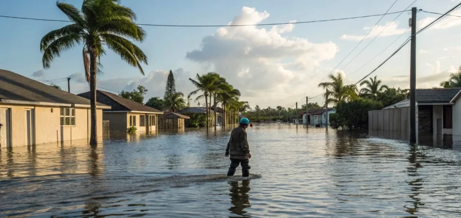 A flood damage restoration professional inspects a home on a flooded street.