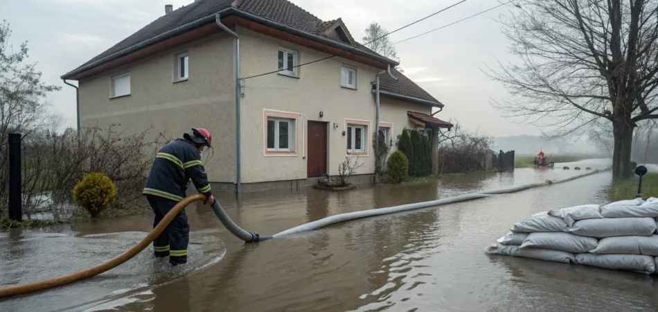 A flood damage restoration professional uses a pump hose to remove water from a flooded home.