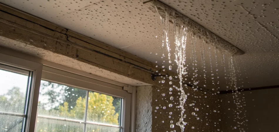 A ceiling dripping water from a leak in the upstairs bathroom.