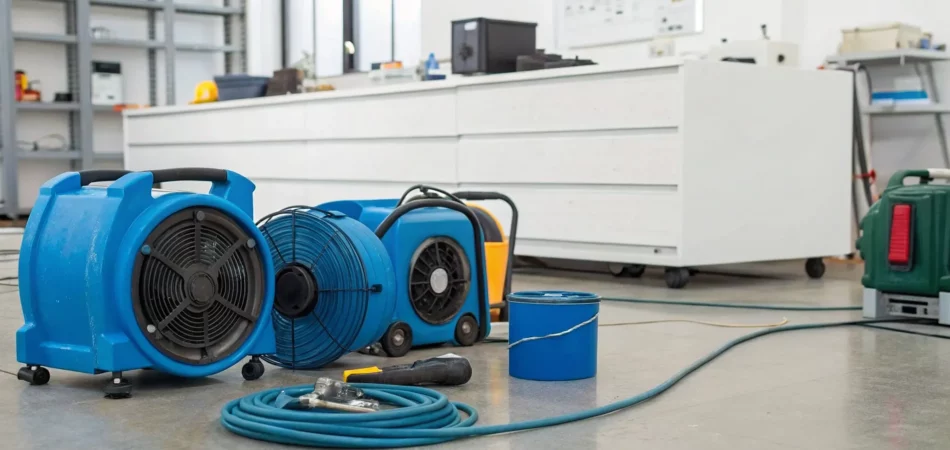 A local water damage company using professional equipment to dry a flooded room.