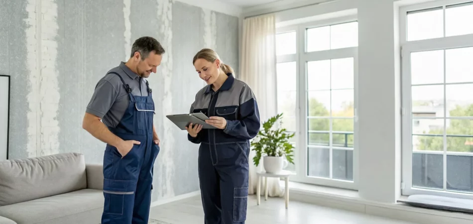 Certified residential restoration experts reviewing a home repair plan.
