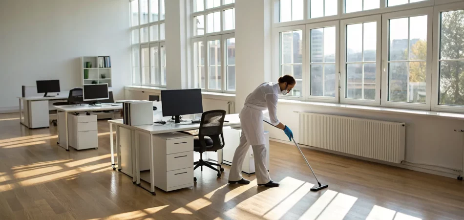 A professional mopping an office floor for a commercial cleaning service near me.