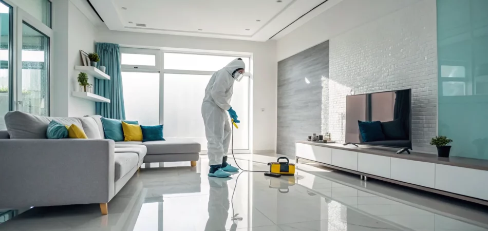 A professional in protective gear using specialized equipment for mold cleanup services.