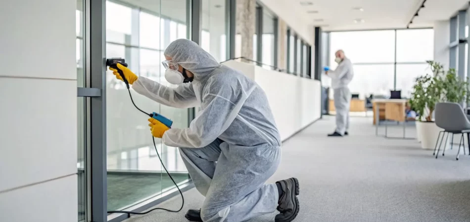 Professional mold inspection and removal in Tampa by a certified team in protective gear.