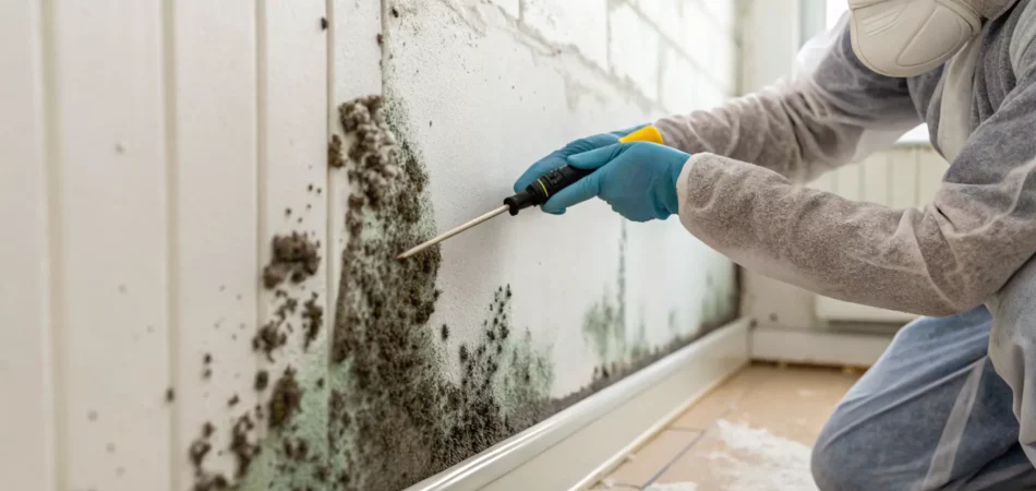 Professional conducting mold removal and remediation on a contaminated wall.