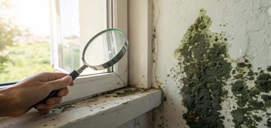 A mold removal company expert inspects black mold on a wall with a magnifying glass.