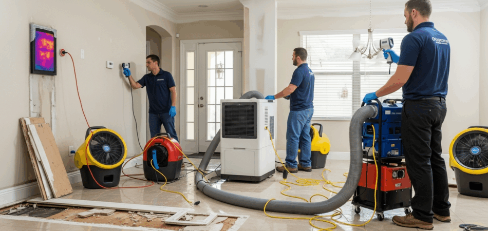 Professional water damage restoration team using industrial dehumidifiers to prevent mold growth in Tampa Florida home