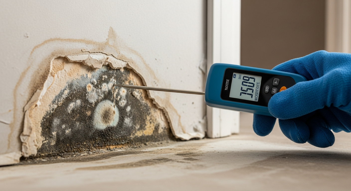 Checking for hidden moisture behind drywall with a moisture meter after water damage in Tampa home